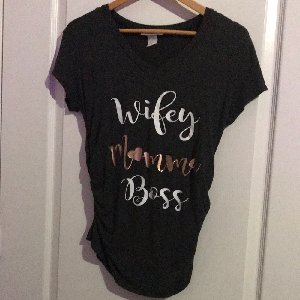 Jasmine Wifey Mama Boss V-Neck Tee - Dark Gray with Rose Gold & White